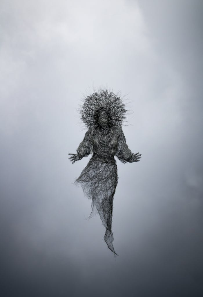 Services-02 Eerie wire sculpture depicting a human figure floating against a dramatic cloudy backdrop.