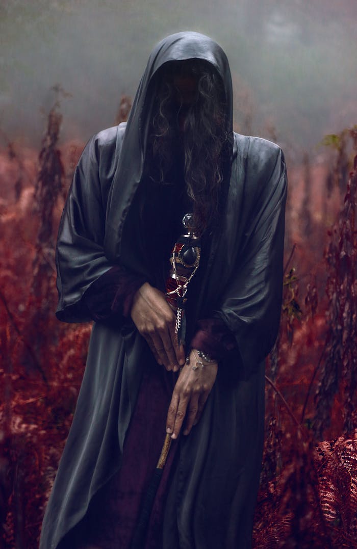 mobile-01 Faceless figure in hooded robe amidst mystical red forest at dawn, evoking mystery.